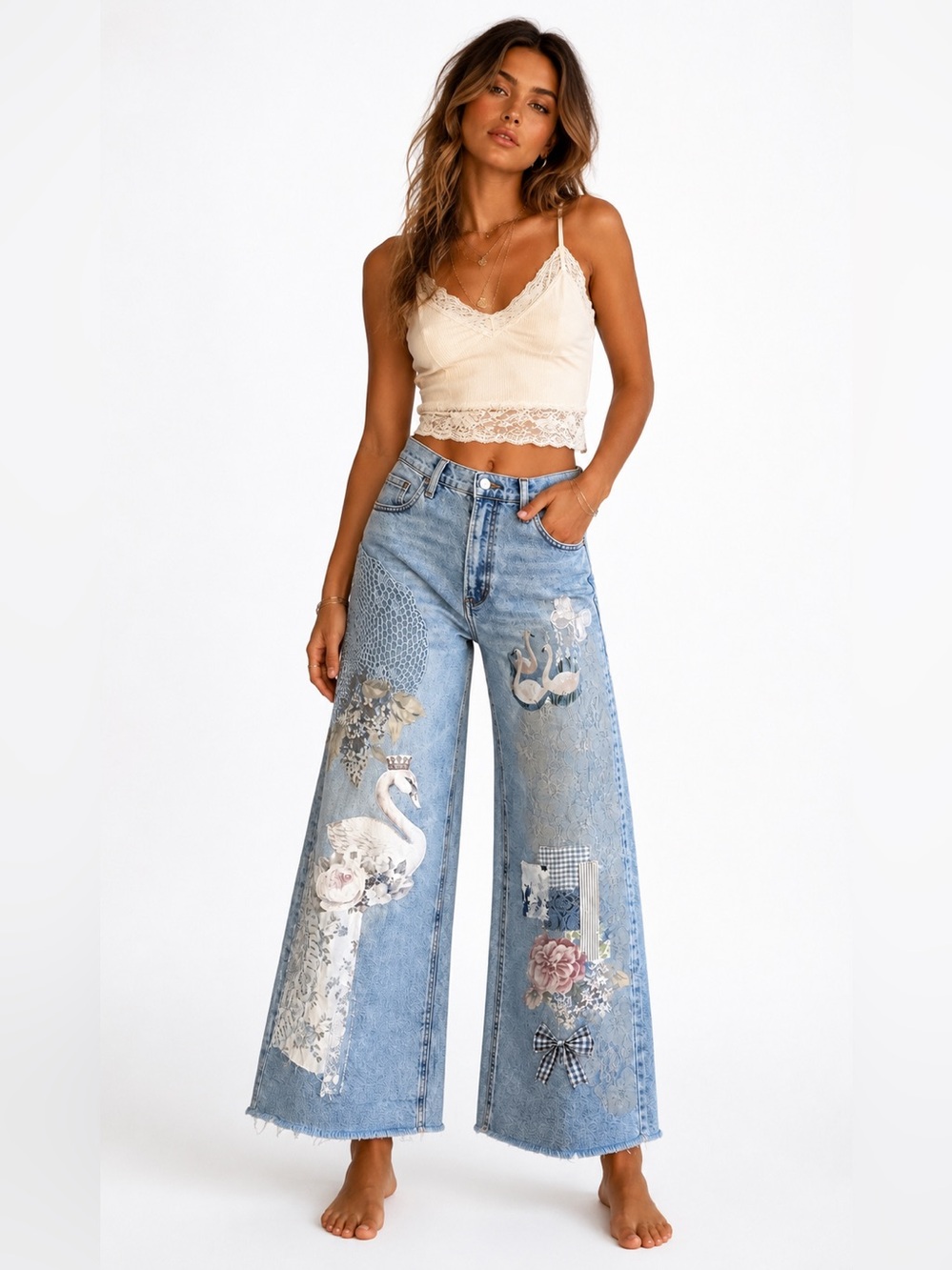 Upcycled pistola Light Blue patched and Embellished Swan Jeans